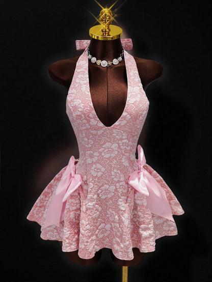 Mistrie New Summer Sakura Pink 3D Jacquard Halter Neck Dress, Side Bow Decor A-Line Skirt, Bridesmaid/ Sweet Princess Dress For Date Night