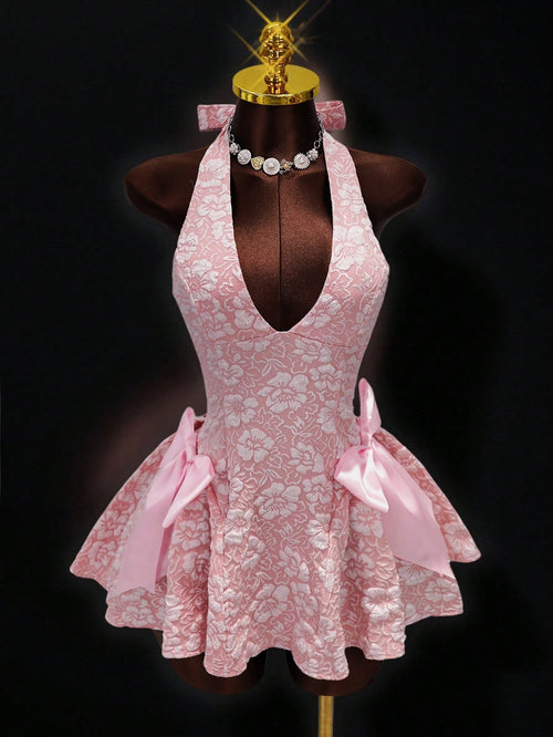 Mistrie New Summer Sakura Pink 3D Jacquard Halter Neck Dress, Side Bow Decor A-Line Skirt, Bridesmaid/ Sweet Princess Dress For Date Night