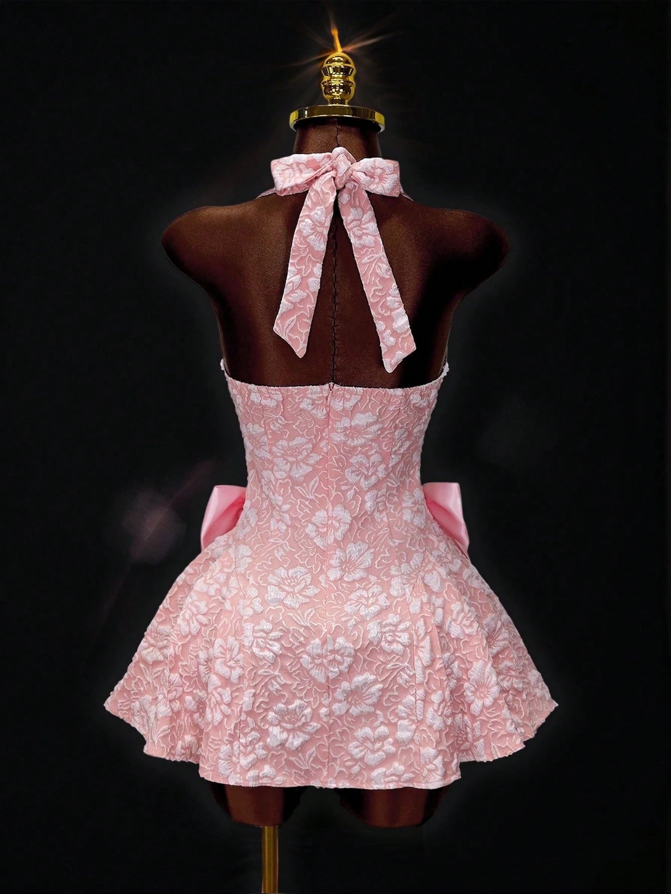 Mistrie New Summer Sakura Pink 3D Jacquard Halter Neck Dress, Side Bow Decor A-Line Skirt, Bridesmaid/ Sweet Princess Dress For Date Night