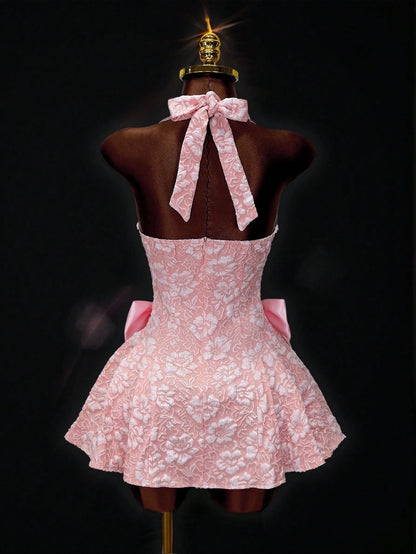 Mistrie New Summer Sakura Pink 3D Jacquard Halter Neck Dress, Side Bow Decor A-Line Skirt, Bridesmaid/ Sweet Princess Dress For Date Night
