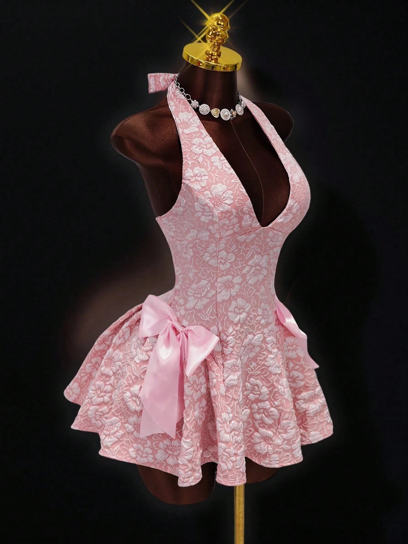 Mistrie New Summer Sakura Pink 3D Jacquard Halter Neck Dress, Side Bow Decor A-Line Skirt, Bridesmaid/ Sweet Princess Dress For Date Night