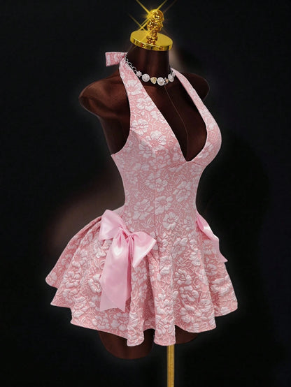 Mistrie New Summer Sakura Pink 3D Jacquard Halter Neck Dress, Side Bow Decor A-Line Skirt, Bridesmaid/ Sweet Princess Dress For Date Night