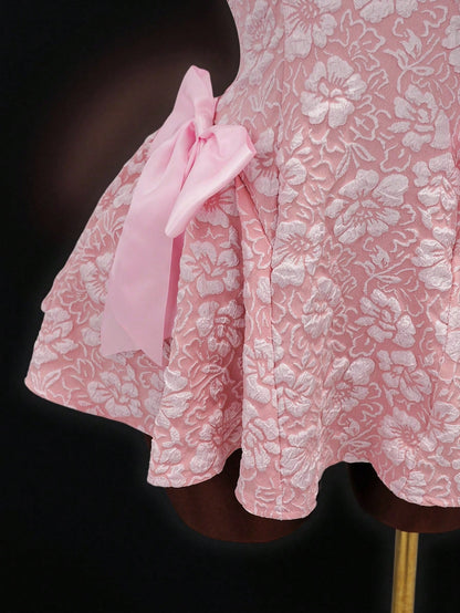 Mistrie New Summer Sakura Pink 3D Jacquard Halter Neck Dress, Side Bow Decor A-Line Skirt, Bridesmaid/ Sweet Princess Dress For Date Night