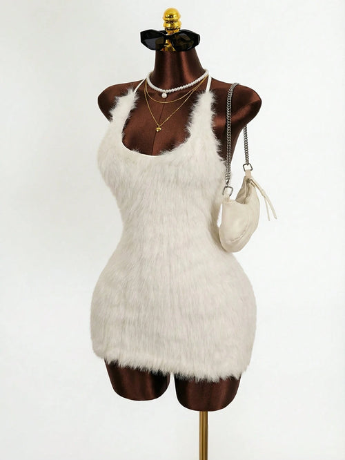 Mistrie Women's New Plush Long-Pile U-Neck Backless Tie-Detail Sexy Dress – Perfect For Dates, Parties, Music Festivals & Nightlife