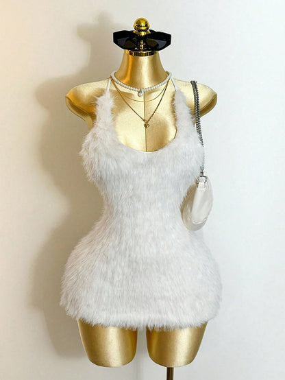 Mistrie Women's New Plush Long-Pile U-Neck Backless Tie-Detail Sexy Dress – Perfect For Dates, Parties, Music Festivals & Nightlife
