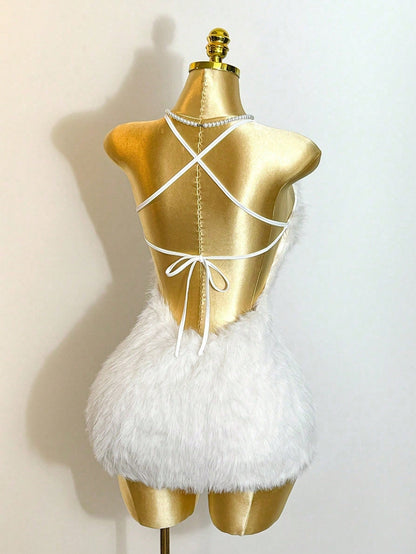Mistrie Women's New Plush Long-Pile U-Neck Backless Tie-Detail Sexy Dress – Perfect For Dates, Parties, Music Festivals & Nightlife