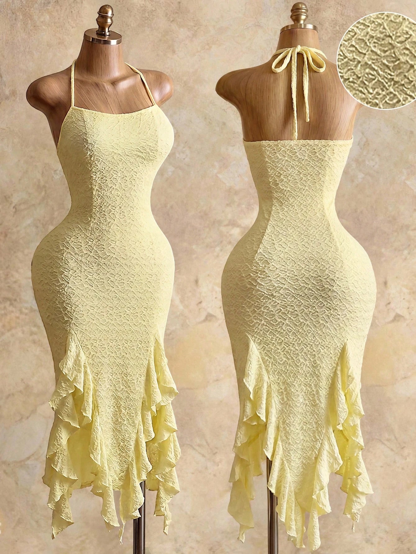Mistrie Women's Pale Yellow Ruffle Trim Fitted Elegant Sexy Camisole Dress,Seductive Party Night Summer Vacation Graduation Beach Outfit,Crystal Beaded Y2K
