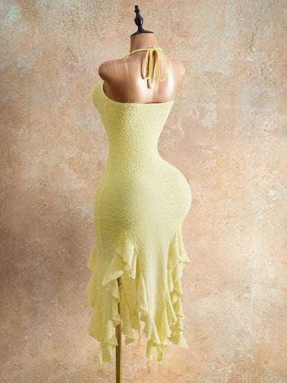 Mistrie Women's Pale Yellow Ruffle Trim Fitted Elegant Sexy Camisole Dress,Seductive Party Night Summer Vacation Graduation Beach Outfit,Crystal Beaded Y2K