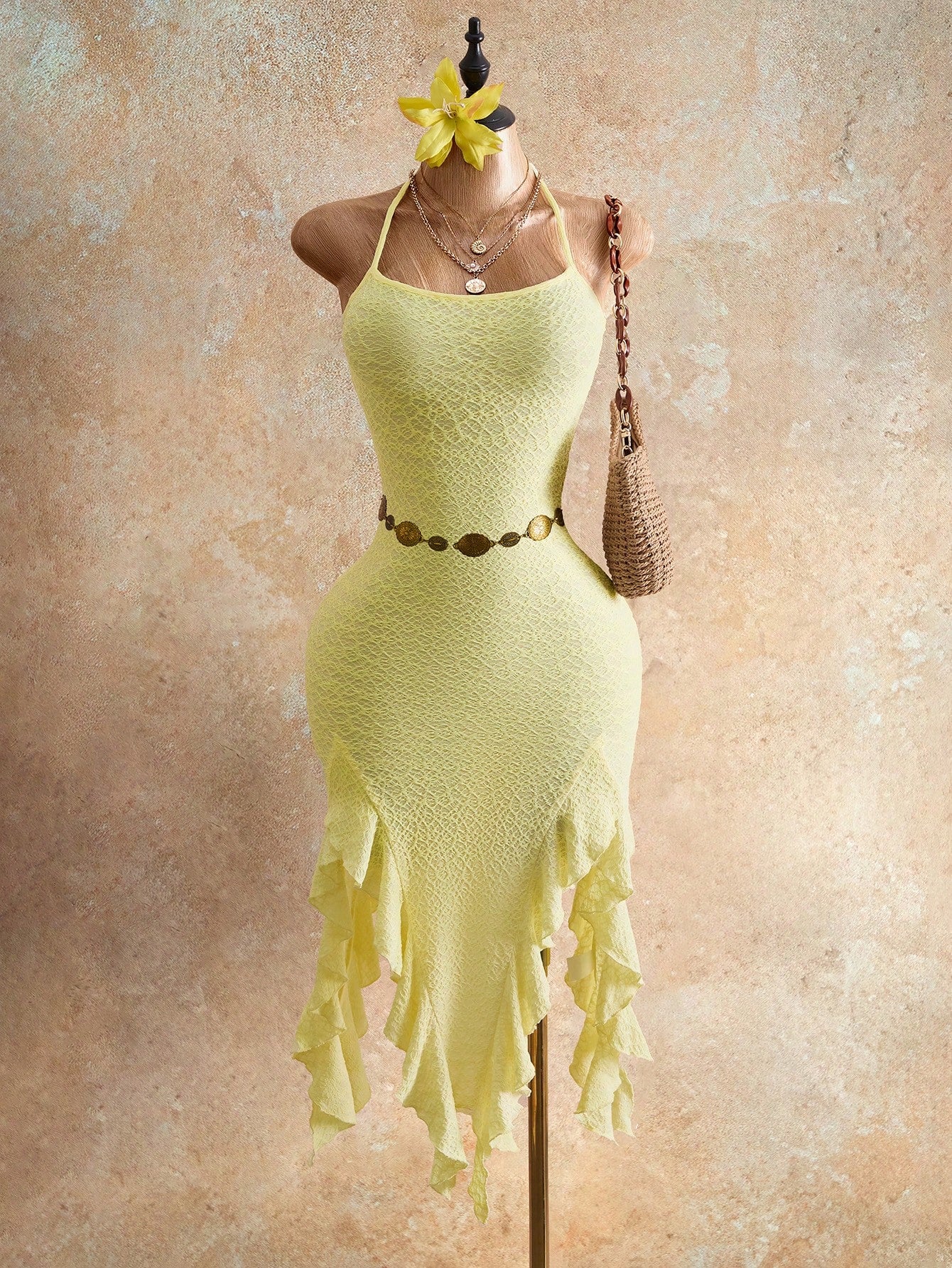 Mistrie Women's Pale Yellow Ruffle Trim Fitted Elegant Sexy Camisole Dress,Seductive Party Night Summer Vacation Graduation Beach Outfit,Crystal Beaded Y2K