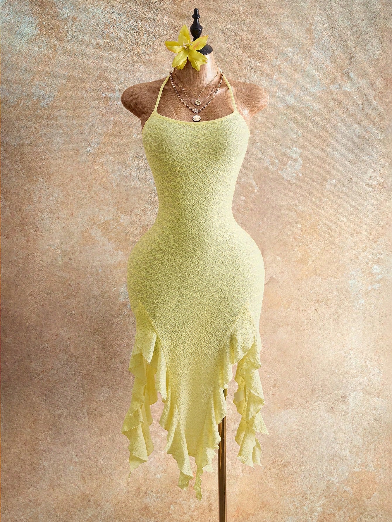 Mistrie Women's Pale Yellow Ruffle Trim Fitted Elegant Sexy Camisole Dress,Seductive Party Night Summer Vacation Graduation Beach Outfit,Crystal Beaded Y2K