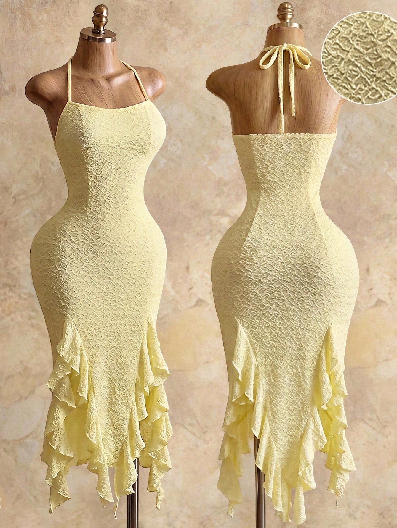 Mistrie Women's Pale Yellow Ruffle Trim Fitted Elegant Sexy Camisole Dress,Seductive Party Night Summer Vacation Graduation Beach Outfit,Crystal Beaded Y2K