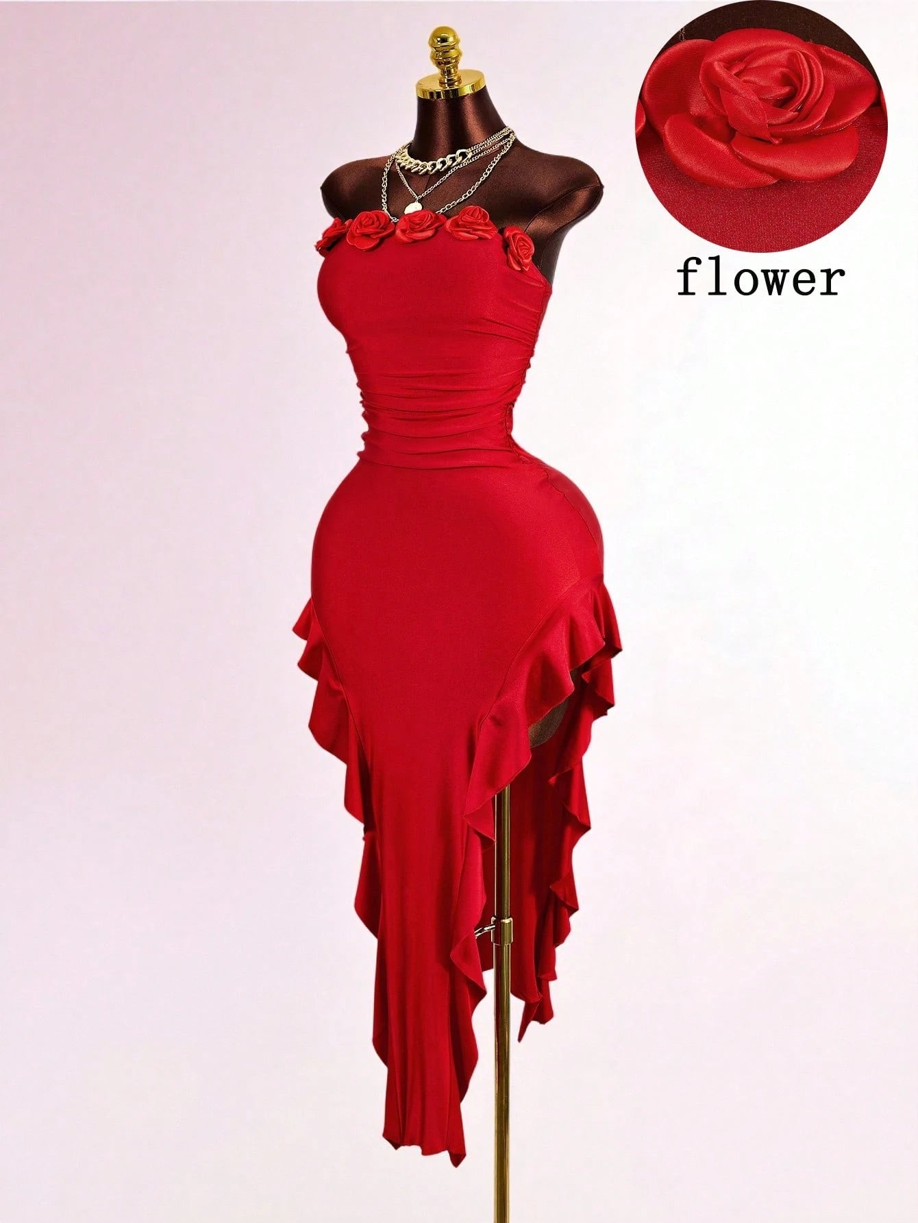 Mistrie Women's Red Summer 70s Party Dress,Fitted Asymmetrical Hem 3D Floral Bandeau Dress,Elegant Shiny Glitter New Year's Eve Outfits For Ladies