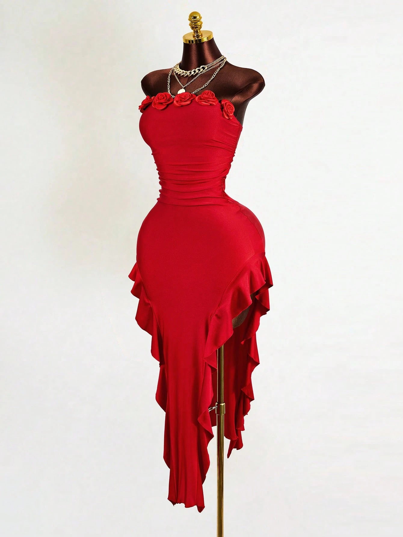 Mistrie Women's Red Summer 70s Party Dress,Fitted Asymmetrical Hem 3D Floral Bandeau Dress,Elegant Shiny Glitter New Year's Eve Outfits For Ladies