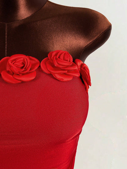 Mistrie Women's Red Summer 70s Party Dress,Fitted Asymmetrical Hem 3D Floral Bandeau Dress,Elegant Shiny Glitter New Year's Eve Outfits For Ladies