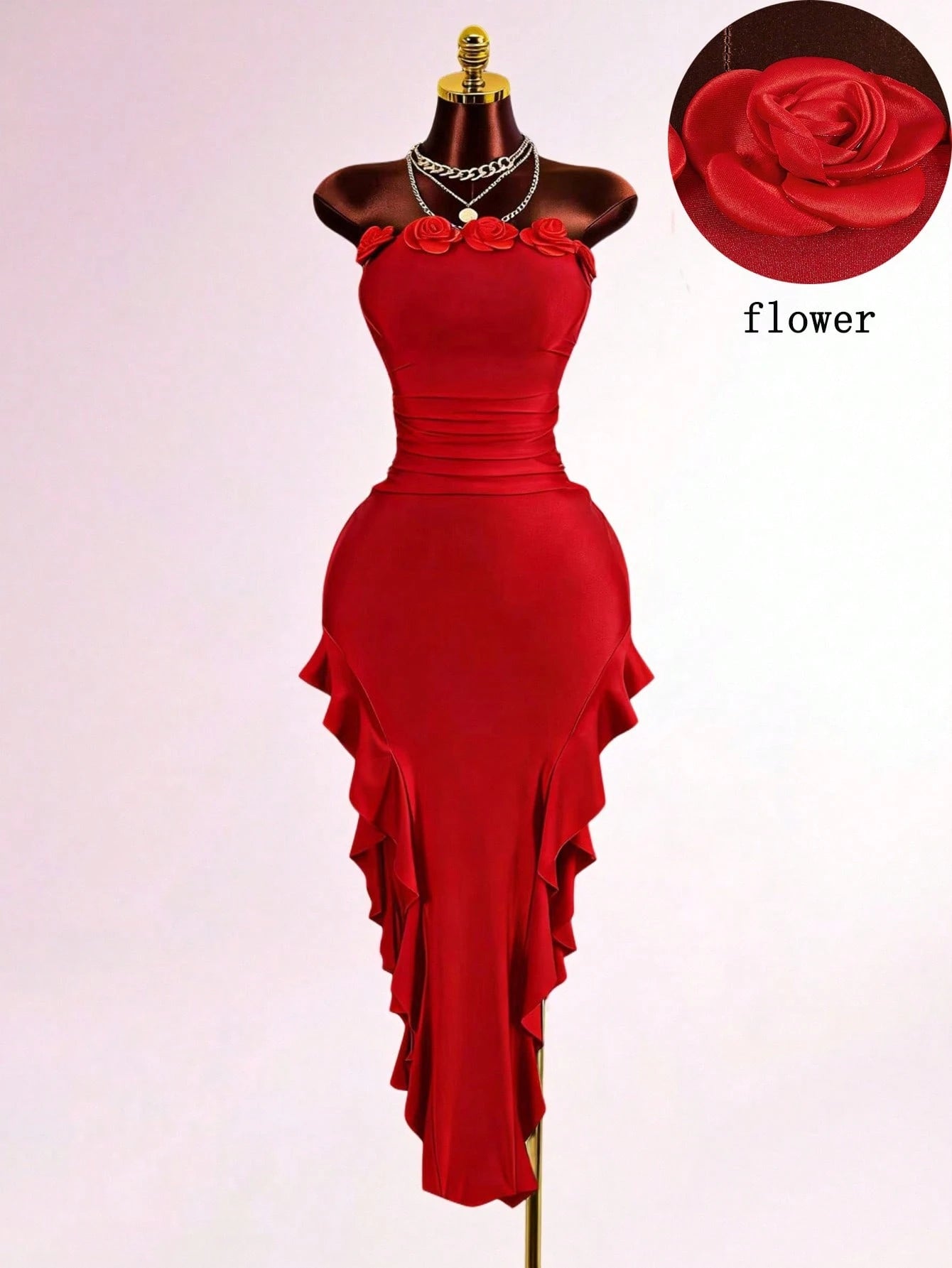 Mistrie Women's Red Summer 70s Party Dress,Fitted Asymmetrical Hem 3D Floral Bandeau Dress,Elegant Shiny Glitter New Year's Eve Outfits For Ladies