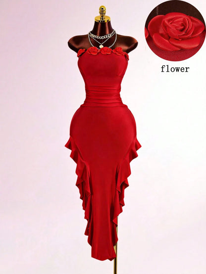 Mistrie Women's Red Summer 70s Party Dress,Fitted Asymmetrical Hem 3D Floral Bandeau Dress,Elegant Shiny Glitter New Year's Eve Outfits For Ladies