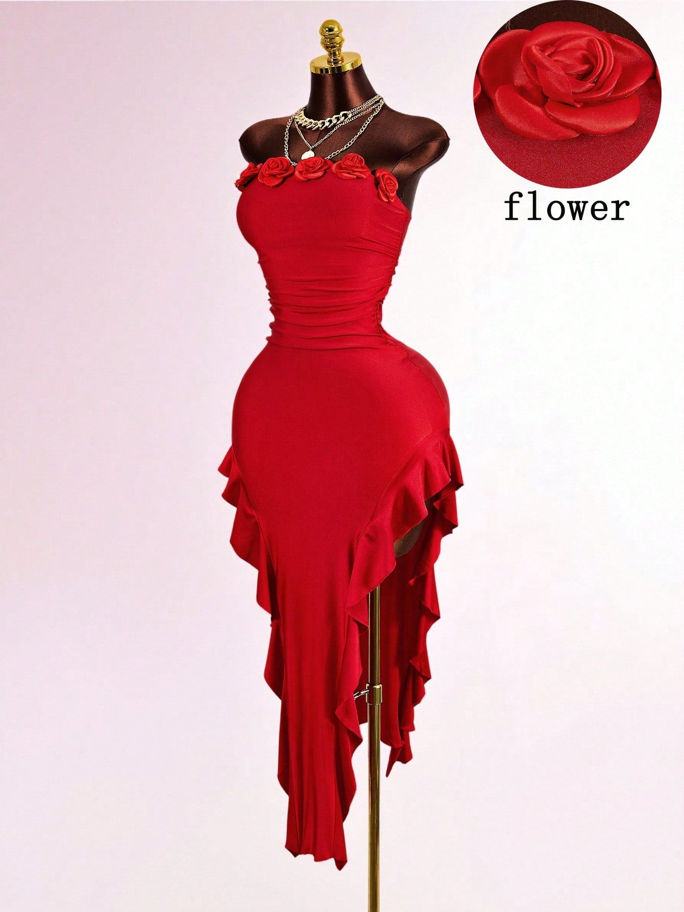 Mistrie Women's Red Summer 70s Party Dress,Fitted Asymmetrical Hem 3D Floral Bandeau Dress,Elegant Shiny Glitter New Year's Eve Outfits For Ladies