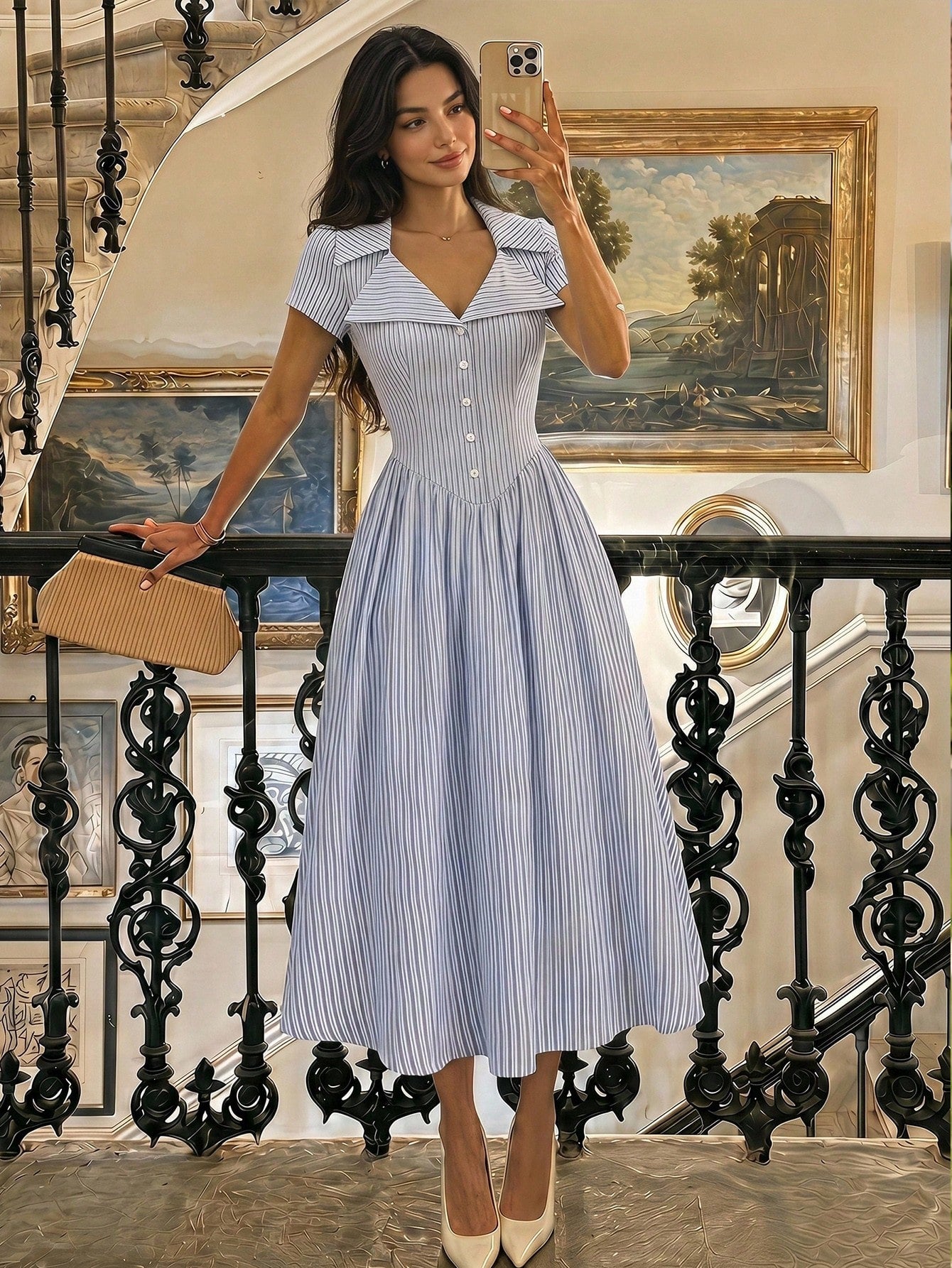 MOD Blue And White Stripe Button Front Midi Dress For Women,Arty Wedding Garden Party Vacation Tea Party Prom Graduation Chic Elegant Dress Summer