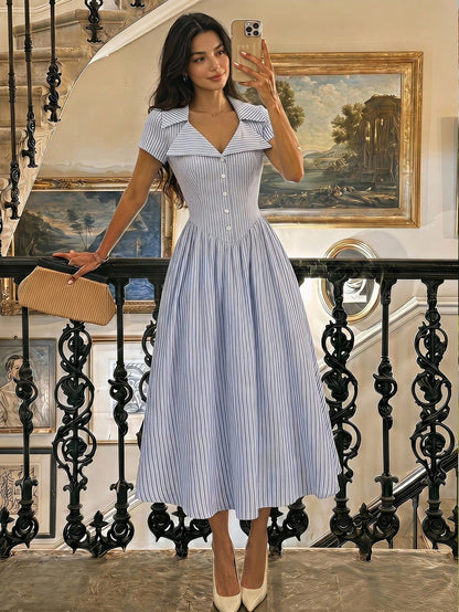 MOD Blue And White Stripe Button Front Midi Dress For Women,Arty Wedding Garden Party Vacation Tea Party Prom Graduation Chic Elegant Dress Summer