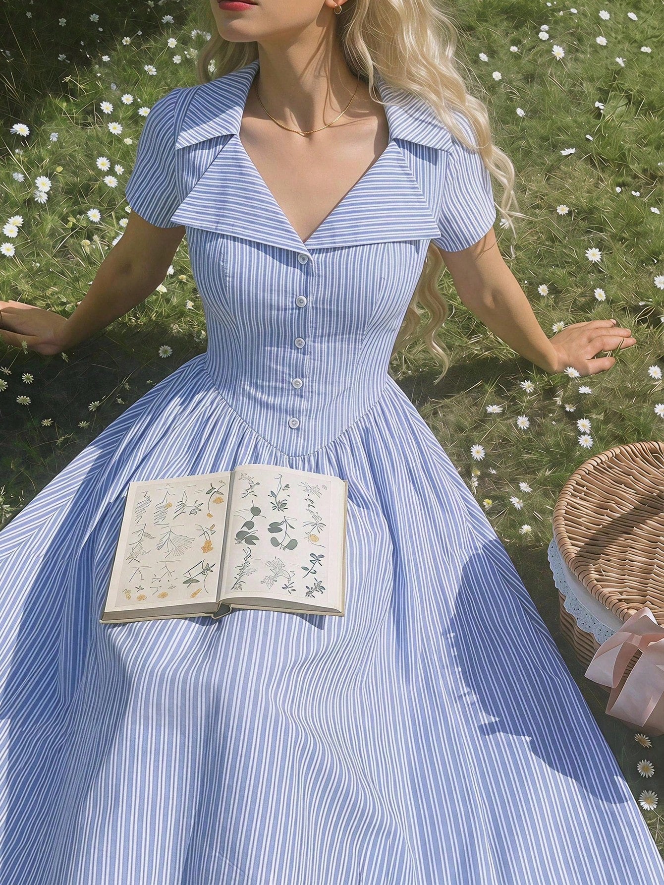 MOD Blue And White Stripe Button Front Midi Dress For Women,Arty Wedding Garden Party Vacation Tea Party Prom Graduation Chic Elegant Dress Summer