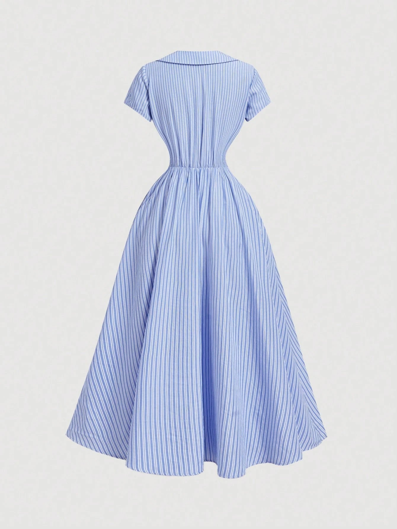 MOD Blue And White Stripe Button Front Midi Dress For Women,Arty Wedding Garden Party Vacation Tea Party Prom Graduation Chic Elegant Dress Summer
