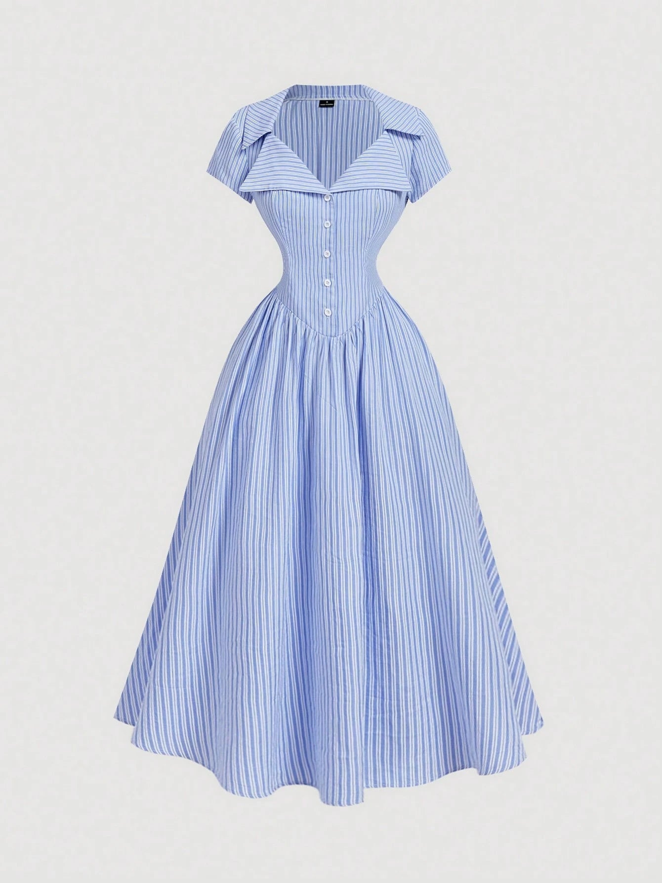 MOD Blue And White Stripe Button Front Midi Dress For Women,Arty Wedding Garden Party Vacation Tea Party Prom Graduation Chic Elegant Dress Summer