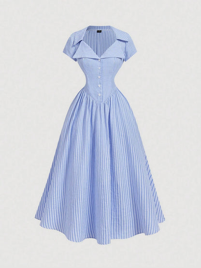 MOD Blue And White Stripe Button Front Midi Dress For Women,Arty Wedding Garden Party Vacation Tea Party Prom Graduation Chic Elegant Dress Summer