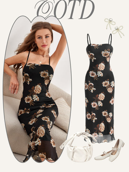 MOD Floral Print Lettuce Trim Cami Dress
