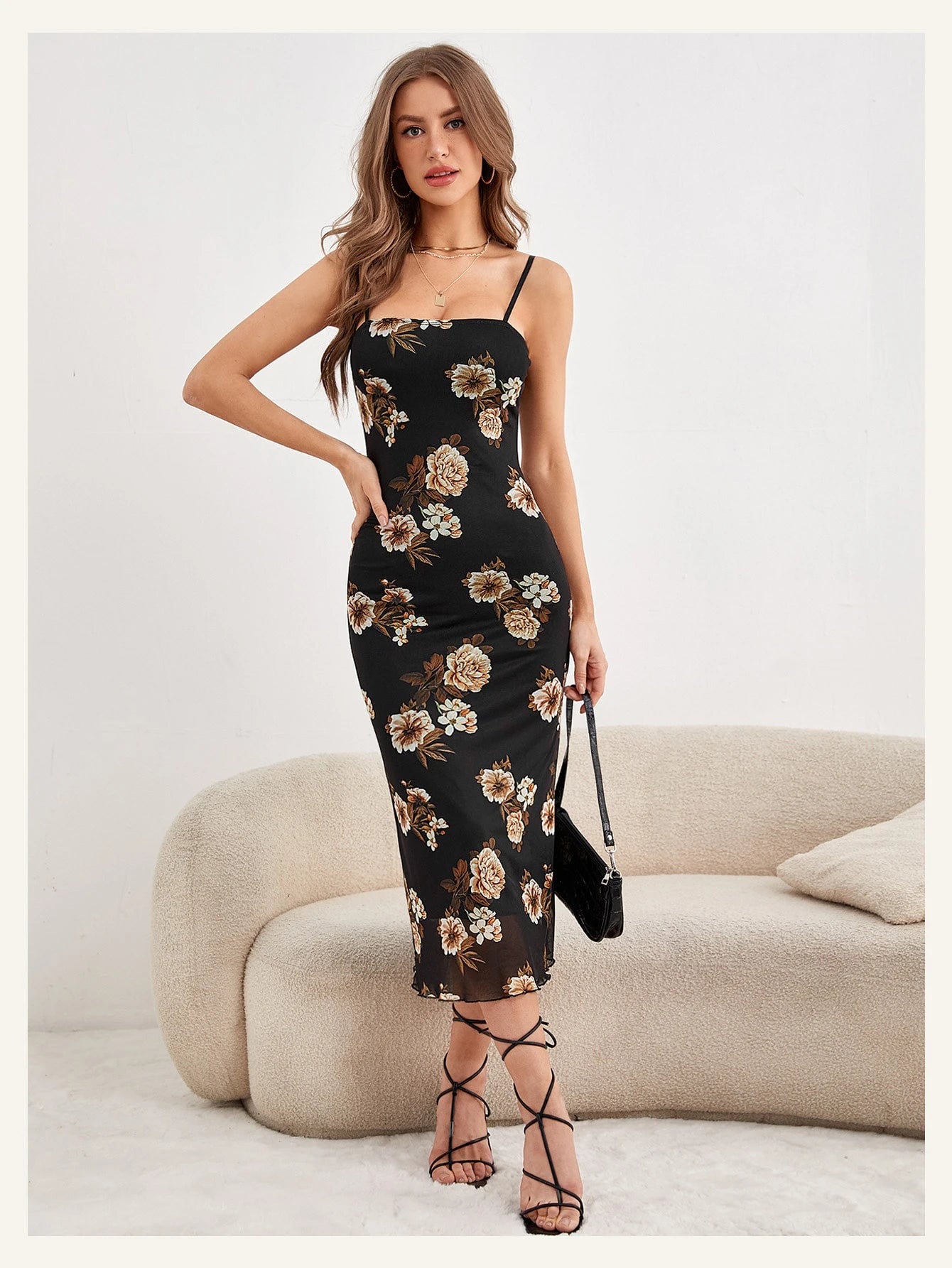 MOD Floral Print Lettuce Trim Cami Dress