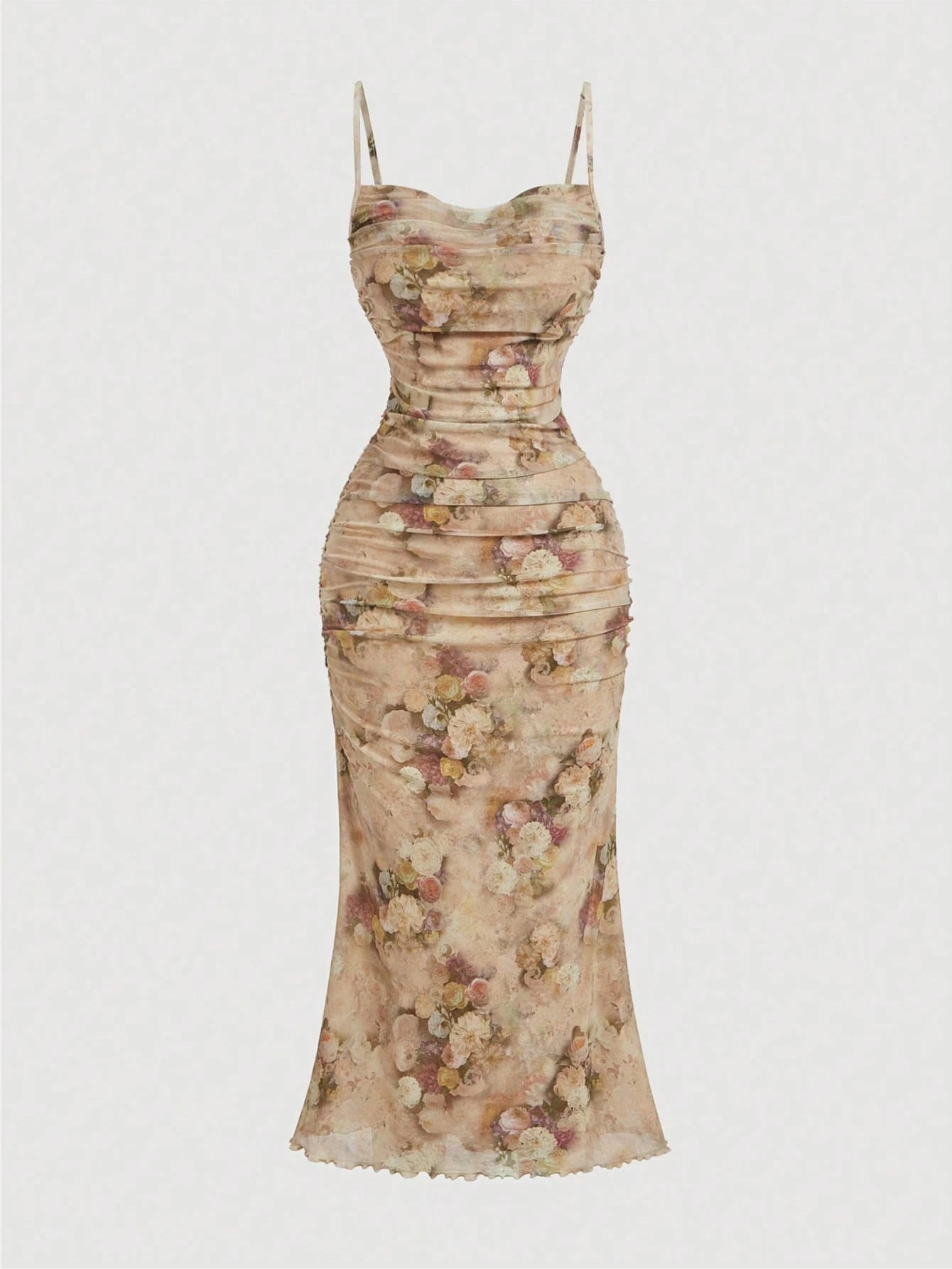 MOD Floral Print Ruched Mesh Fitted Slip Dress For Women, Elegant Romantic Outfit, Vintage, Hippie Clothes, Masquerade Ball Vacation Beige Summer