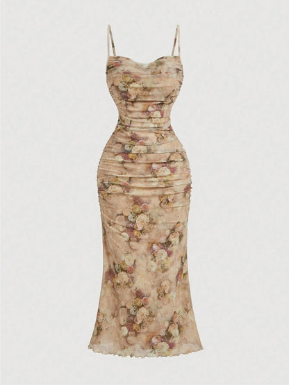 MOD Floral Print Ruched Mesh Fitted Slip Dress For Women, Elegant Romantic Outfit, Vintage, Hippie Clothes, Masquerade Ball Vacation Beige Summer