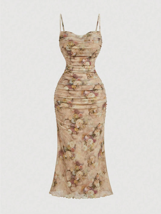 MOD Floral Print Ruched Mesh Fitted Slip Dress For Women, Elegant Romantic Outfit, Vintage, Hippie Clothes, Masquerade Ball Vacation Beige Summer
