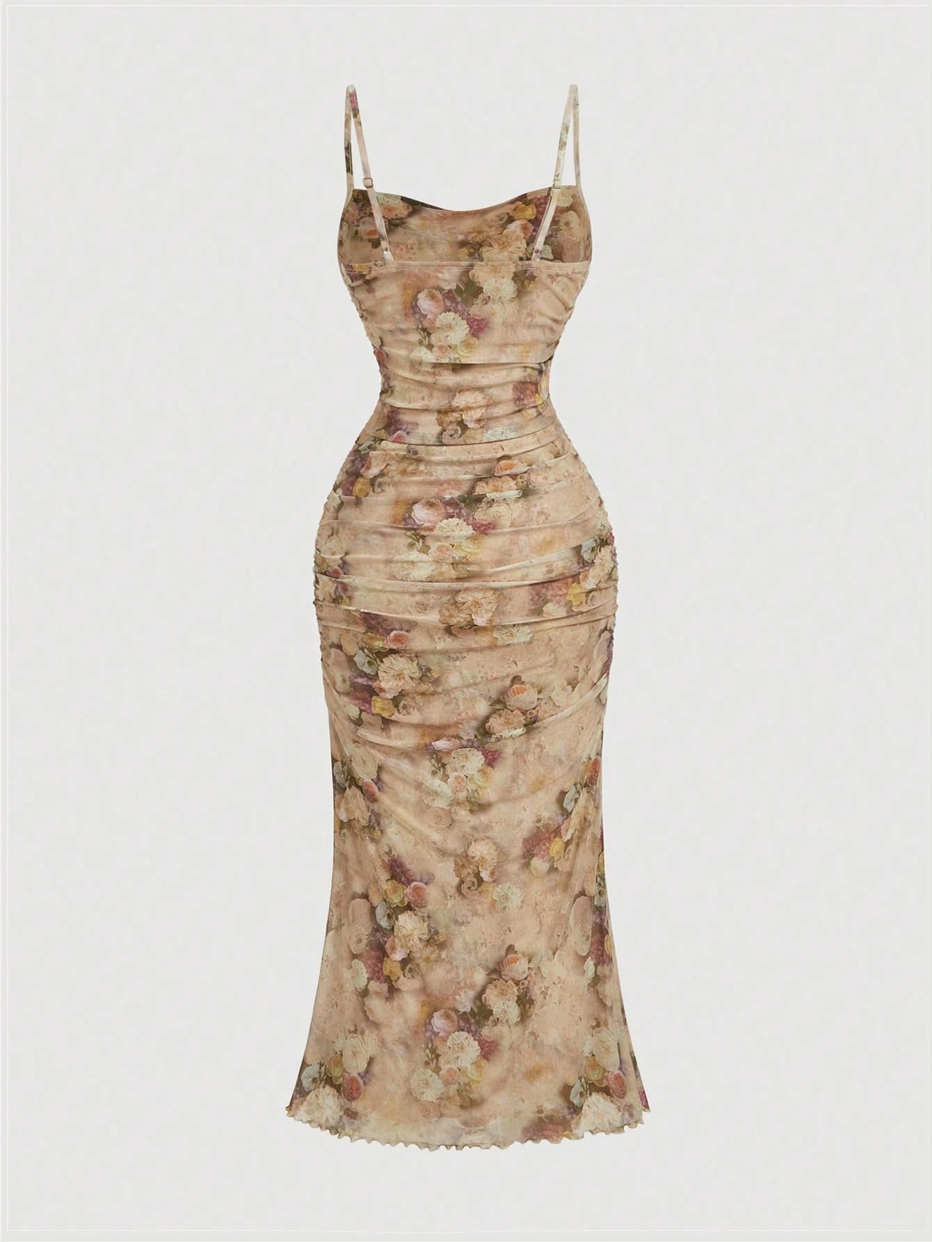 MOD Floral Print Ruched Mesh Fitted Slip Dress For Women, Elegant Romantic Outfit, Vintage, Hippie Clothes, Masquerade Ball Vacation Beige Summer