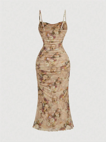 MOD Floral Print Ruched Mesh Fitted Slip Dress For Women, Elegant Romantic Outfit, Vintage, Hippie Clothes, Masquerade Ball Vacation Beige Summer
