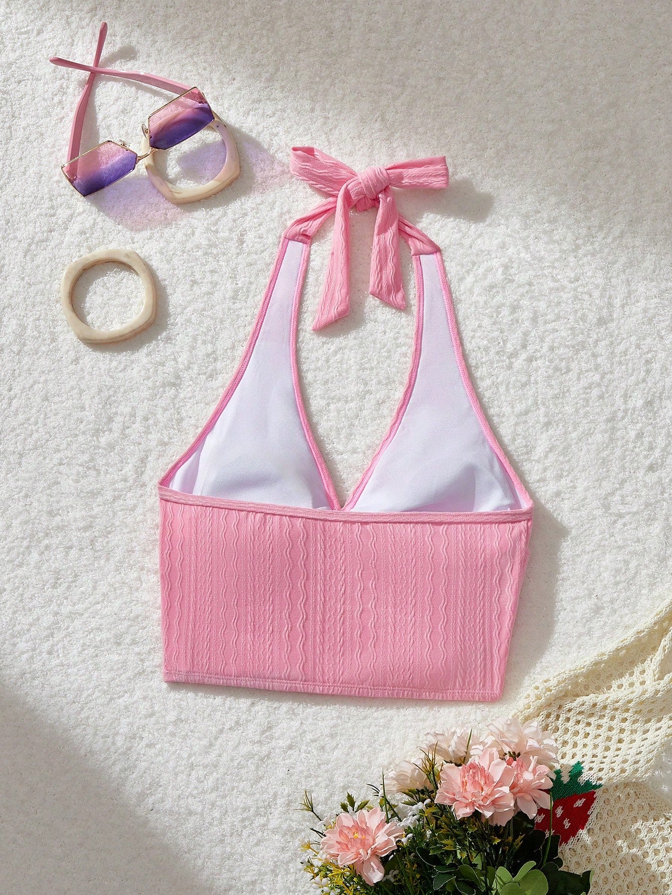 MOD Neck Tie Front Ruched Knit Jacquard Pink Swimwear Top For Summer Beach Vacation,Tank Tops, Cute, Kawaii
