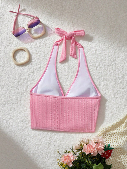 MOD Neck Tie Front Ruched Knit Jacquard Pink Swimwear Top For Summer Beach Vacation,Tank Tops, Cute, Kawaii