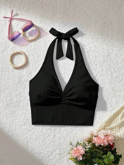 MOD Neck Tie Front Ruched Knit Jacquard Pink Swimwear Top For Summer Beach Vacation,Tank Tops, Cute, Kawaii