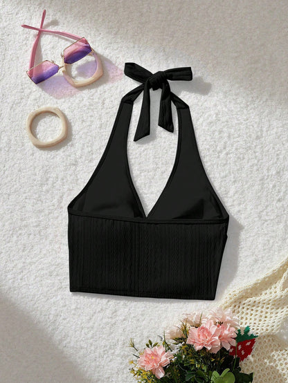 MOD Neck Tie Front Ruched Knit Jacquard Pink Swimwear Top For Summer Beach Vacation,Tank Tops, Cute, Kawaii