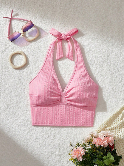 MOD Neck Tie Front Ruched Knit Jacquard Pink Swimwear Top For Summer Beach Vacation,Tank Tops, Cute, Kawaii