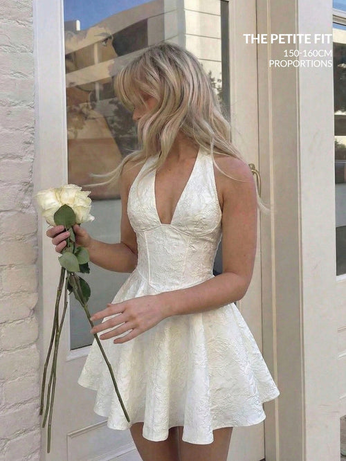 MOD Petite Women's Petite Elegant White Summer Graduation Dress, Ivory Jacquard Halter Bow Tie Back Mini Dress For 150-160cm, Formal Evening Party Vacation