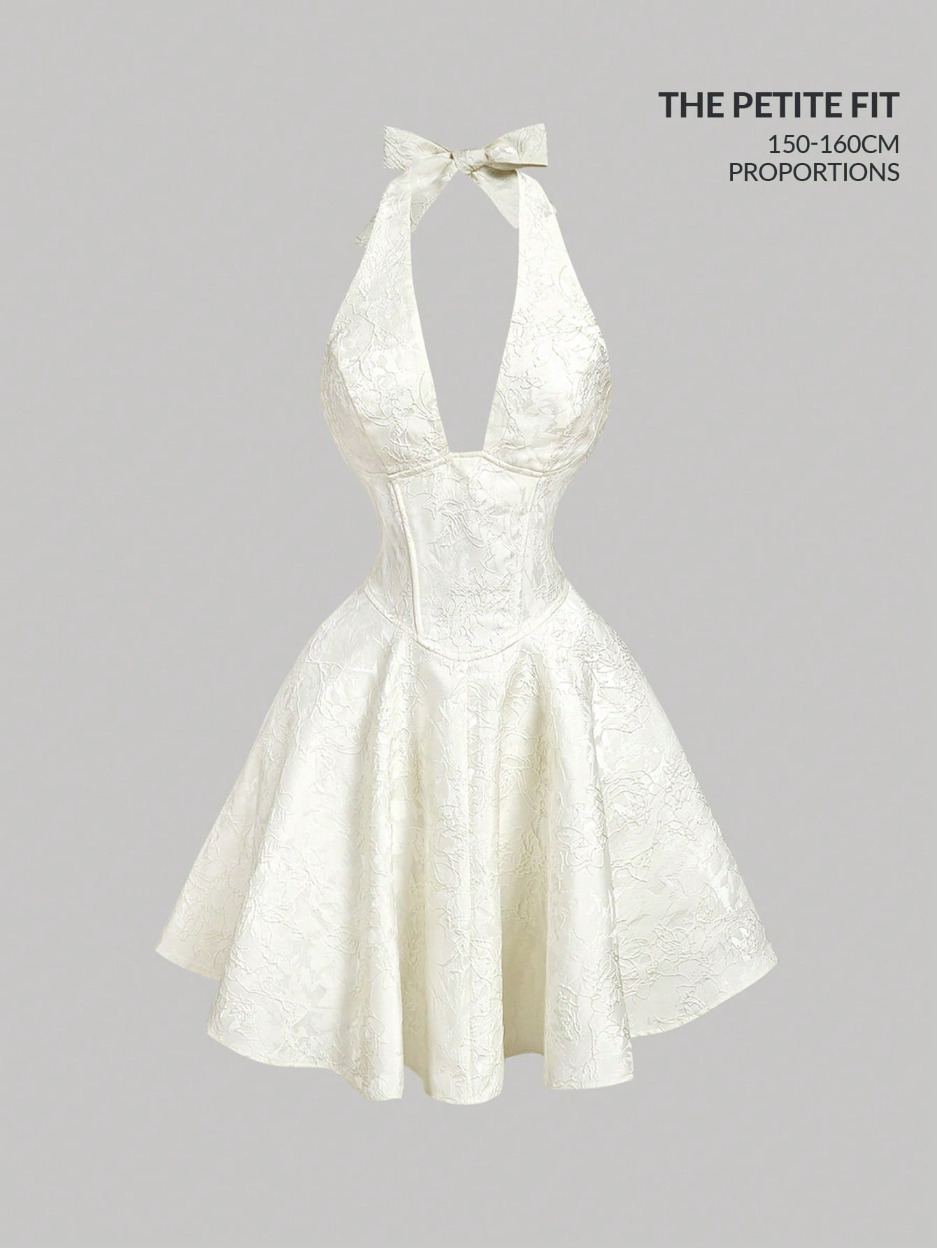 MOD Petite Women's Petite Elegant White Summer Graduation Dress, Ivory Jacquard Halter Bow Tie Back Mini Dress For 150-160cm, Formal Evening Party Vacation