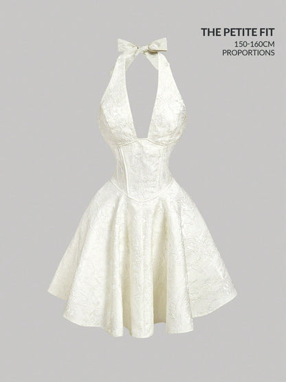 MOD Petite Women's Petite Elegant White Summer Graduation Dress, Ivory Jacquard Halter Bow Tie Back Mini Dress For 150-160cm, Formal Evening Party Vacation