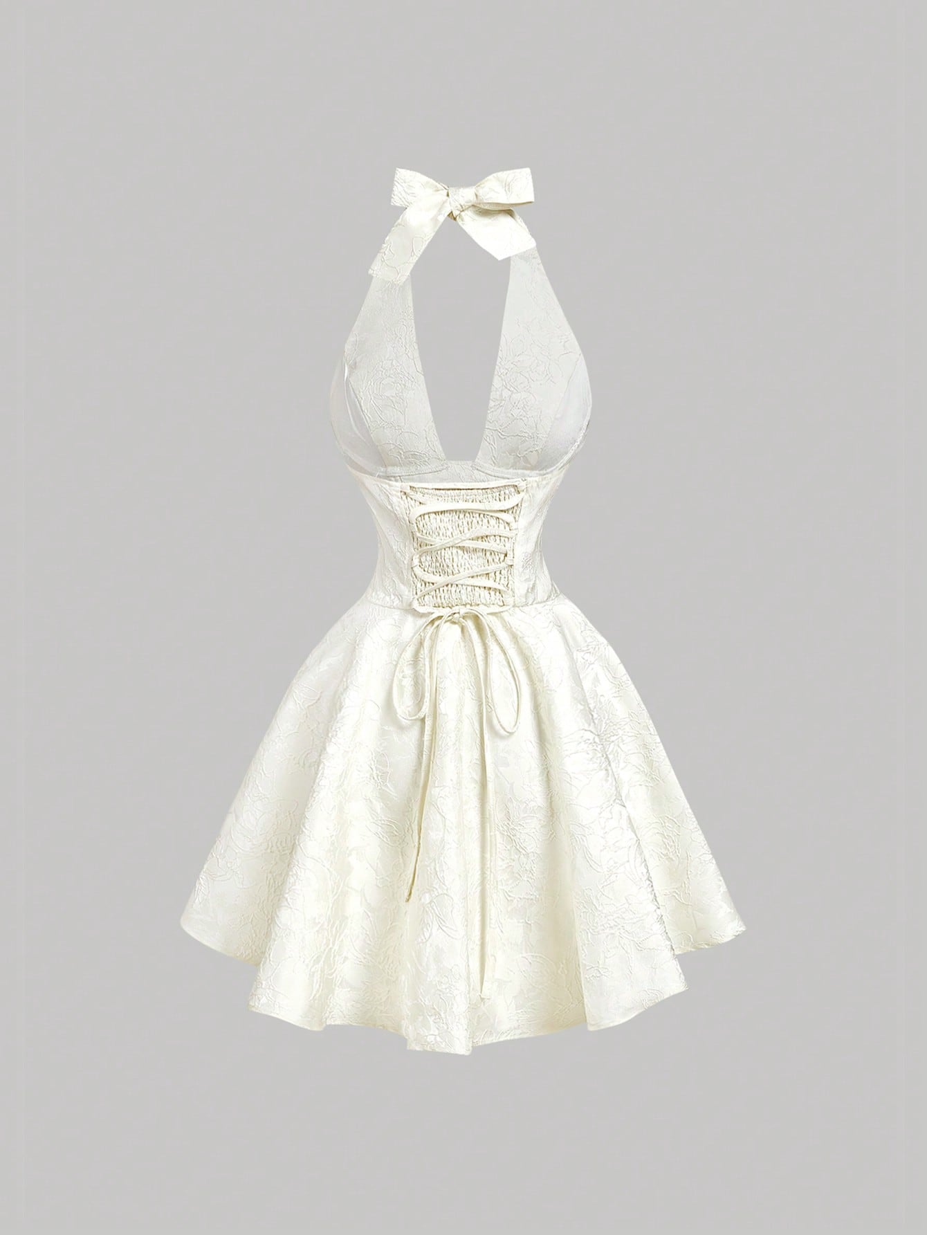 MOD Petite Women's Petite Elegant White Summer Graduation Dress, Ivory Jacquard Halter Bow Tie Back Mini Dress For 150-160cm, Formal Evening Party Vacation
