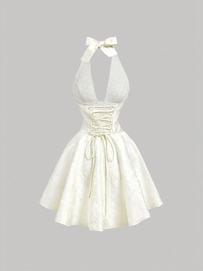 MOD Petite Women's Petite Elegant White Summer Graduation Dress, Ivory Jacquard Halter Bow Tie Back Mini Dress For 150-160cm, Formal Evening Party Vacation