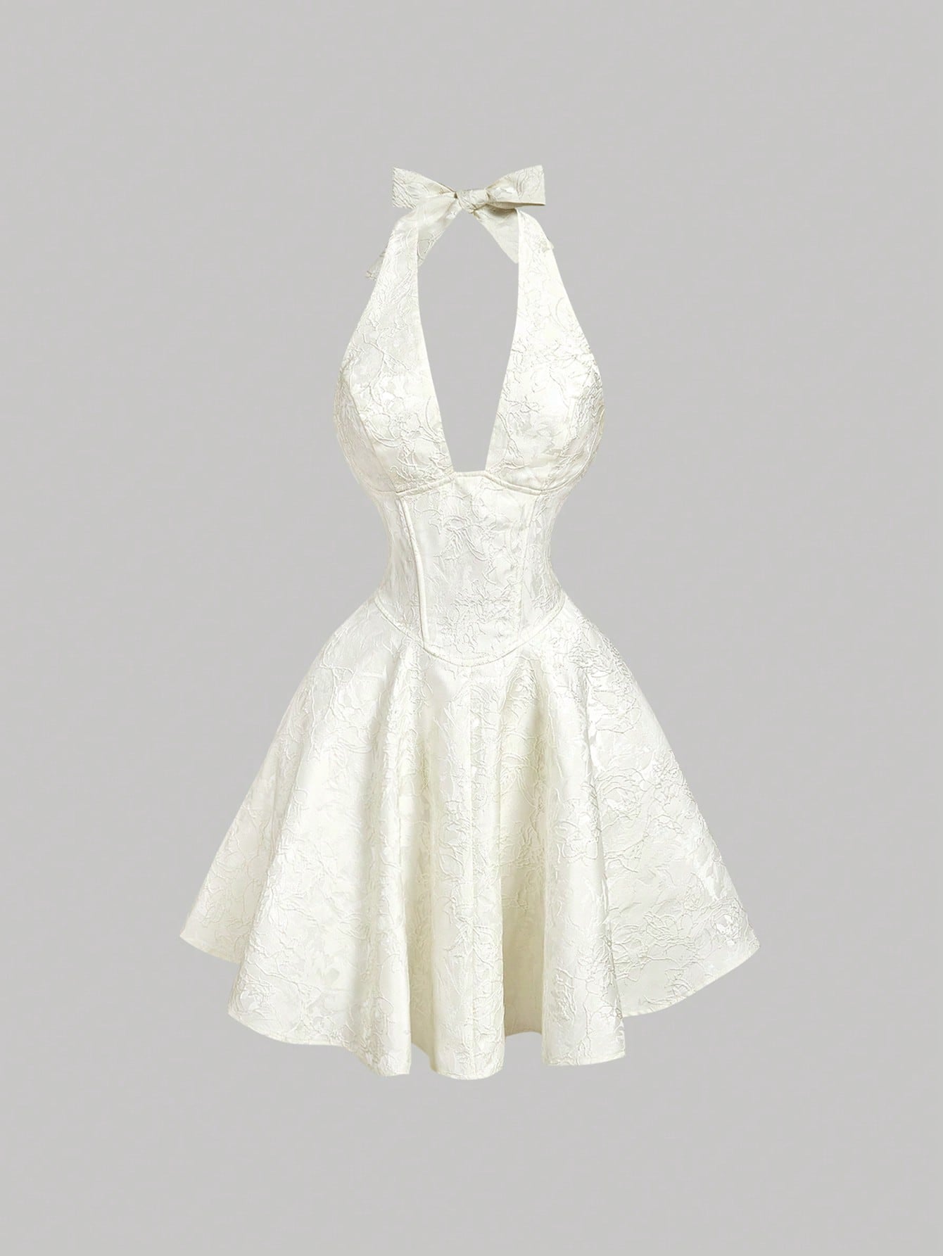MOD Petite Women's Petite Elegant White Summer Graduation Dress, Ivory Jacquard Halter Bow Tie Back Mini Dress For 150-160cm, Formal Evening Party Vacation