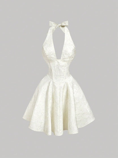 MOD Petite Women's Petite Elegant White Summer Graduation Dress, Ivory Jacquard Halter Bow Tie Back Mini Dress For 150-160cm, Formal Evening Party Vacation