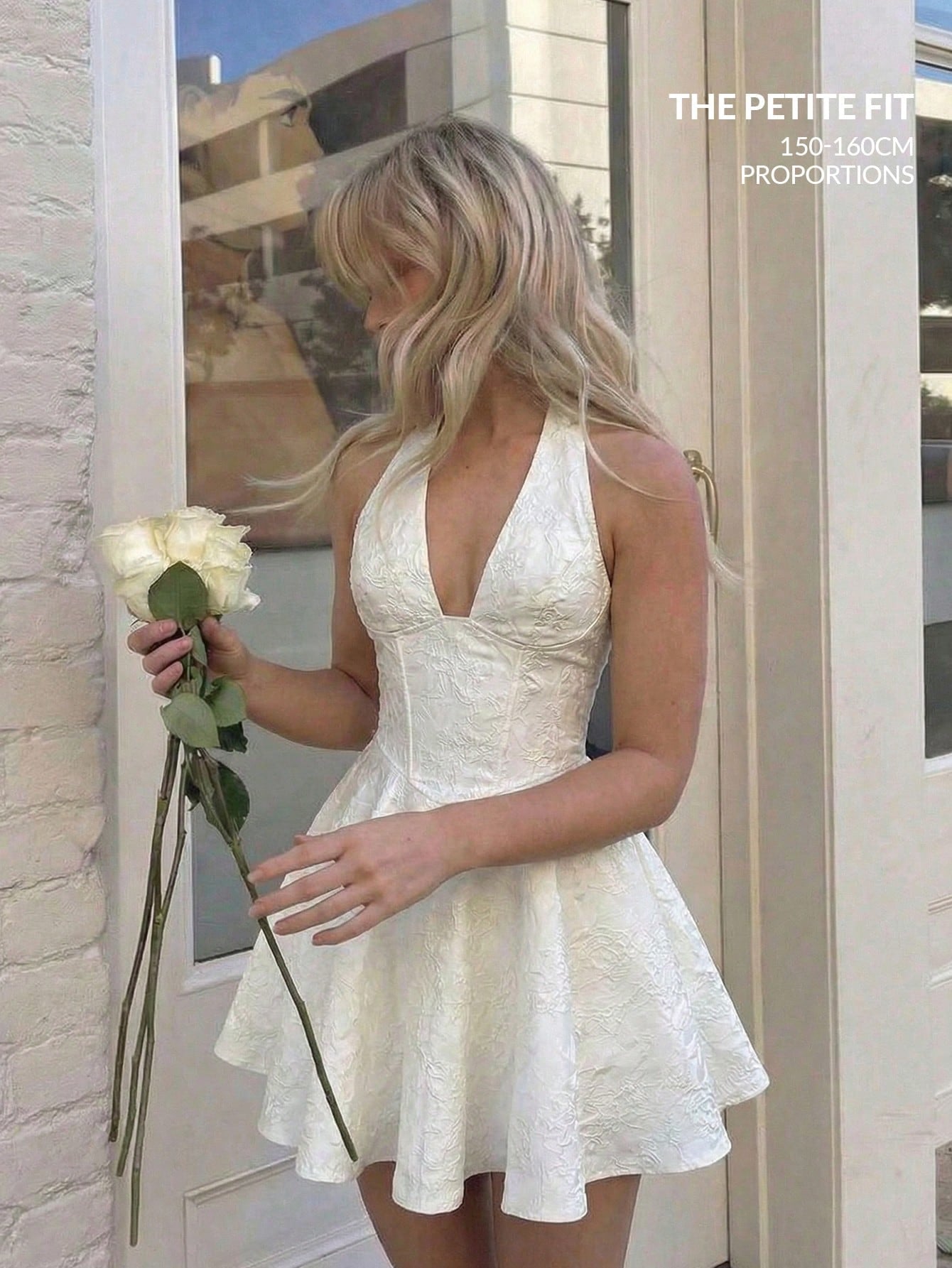 MOD Petite Women's Petite Elegant White Summer Graduation Dress, Ivory Jacquard Halter Bow Tie Back Mini Dress For 150-160cm, Formal Evening Party Vacation