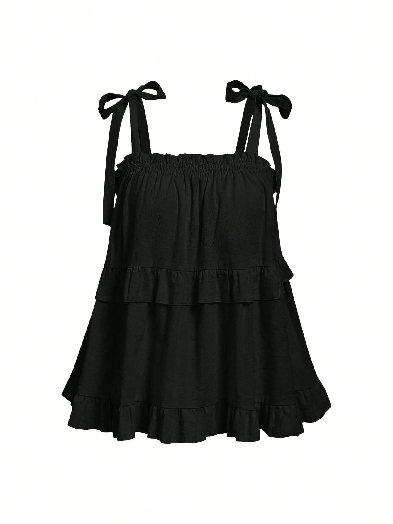 MOD Plus Size Black Summer Boho Vacation Women's Retro Spaghetti Strap Loose Layered Ruffle Trim Top, Casual Korean Fashion Cute Sweet Wear
