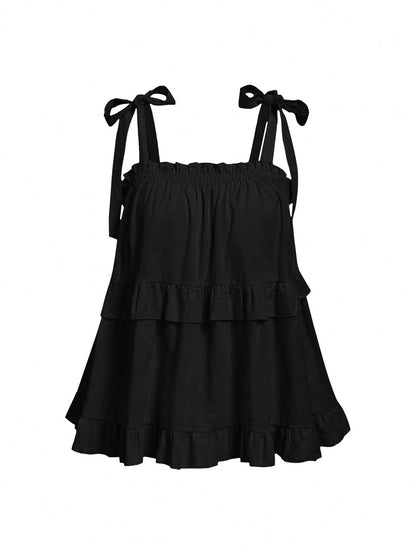 MOD Plus Size Black Summer Boho Vacation Women's Retro Spaghetti Strap Loose Layered Ruffle Trim Top, Casual Korean Fashion Cute Sweet Wear