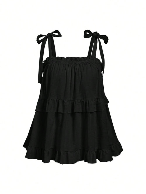 MOD Plus Size Black Summer Boho Vacation Women's Retro Spaghetti Strap Loose Layered Ruffle Trim Top, Casual Korean Fashion Cute Sweet Wear